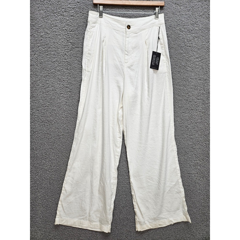 NWT Halston Wide Leg Pants 6 White Linen Blend Pleated High Rise Coastal Chic